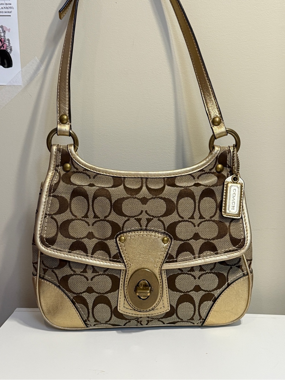 Coach Brown Signature Canvas Shoulder Bag with Gold Trim